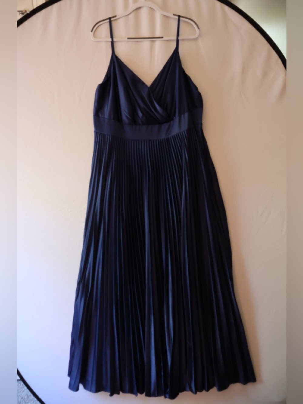 David's Bridal Navy Spaghetti Strap Pleated Midi Dress